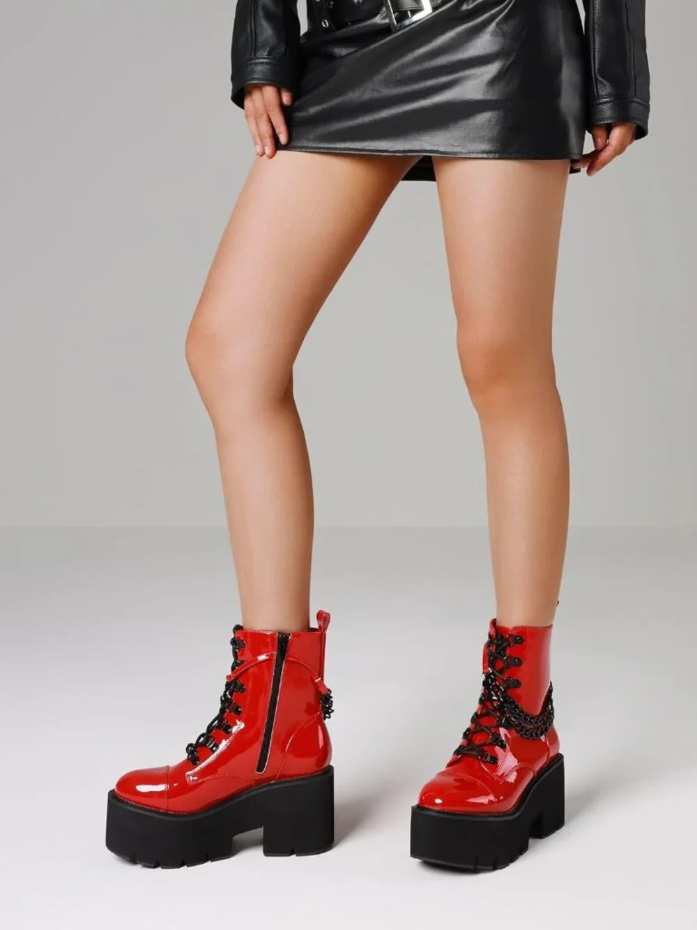 Women's Red Combat Chunky Wedge Heel Rave Goth Lace Up Zipper Shoes Booties - Picture 3 of 6